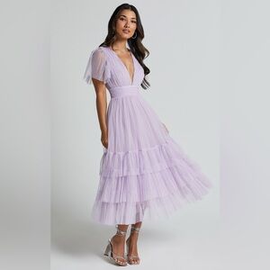 Jiraye Midi Dress - Flutter Sleeve Tulle Plunge Dress in Lilac - NWT - Size 6